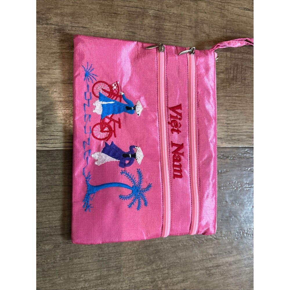 Viet Nam Pouch Zippered Bag Clutch Purse Silk Makeup Bag Pink 3 Section Rare - Picture 7 of 7